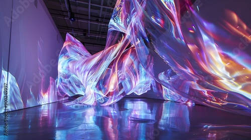 Art Installation Featuring Holographic Projections of Flowing Forms and Vibrant Colors, Creating an Otherworldly Atmosphere in the Gallery Space