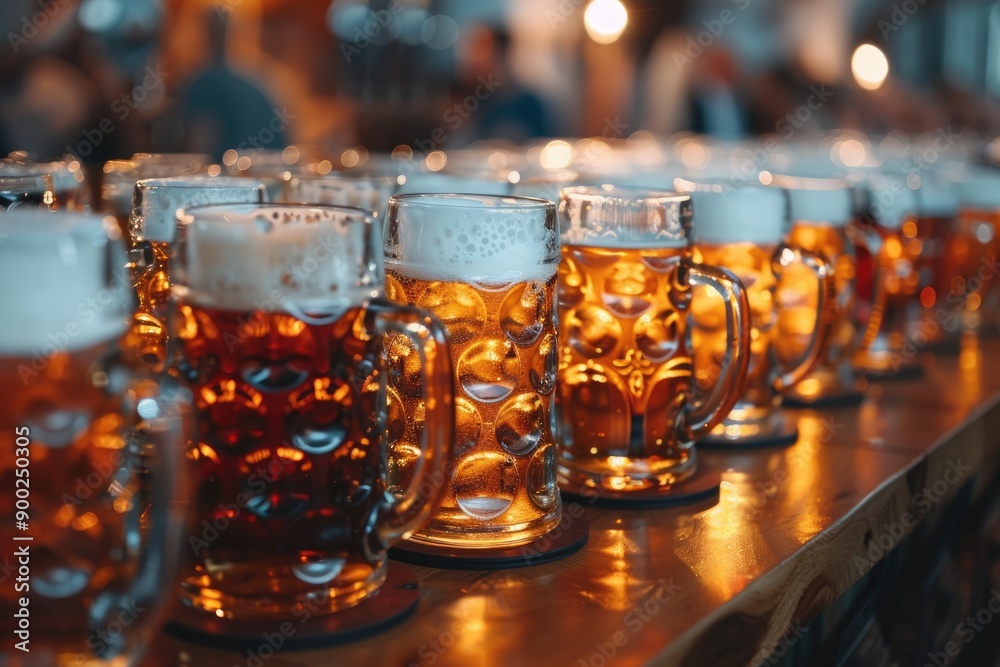 Row of Full Beer Mugs on a Wooden Bar Counter Row of Full Beer Mugs on a Wooden Bar Counter