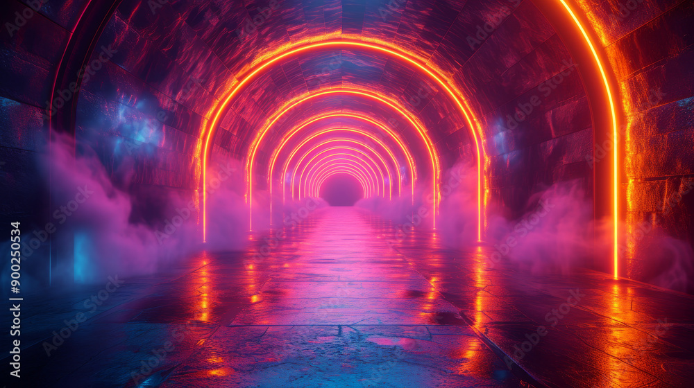 Neon-lit tunnel with fog and reflections Neon-lit tunnel with fog and reflections