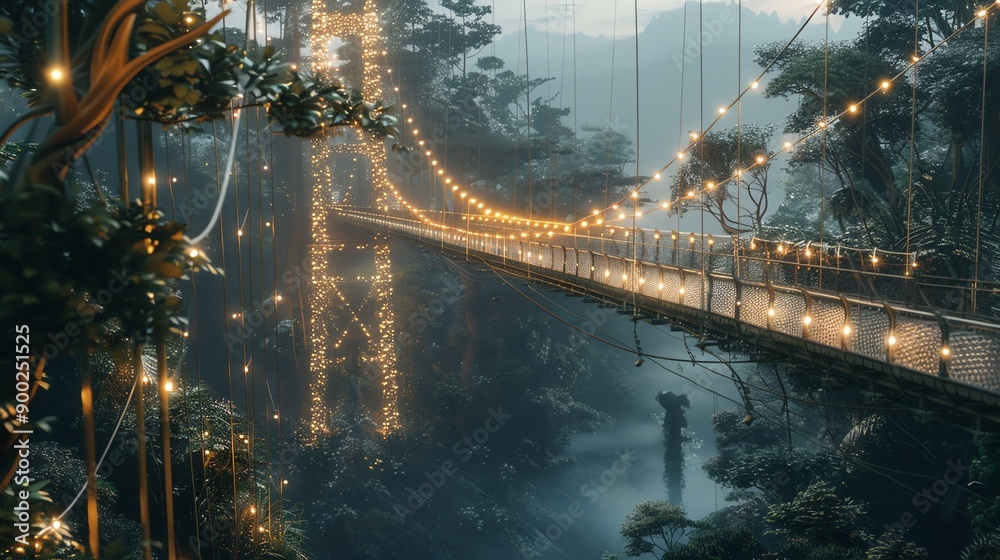 Fototapeta premium A mesmerizing suspension bridge adorned with lights, set amid lush greenery and misty mountains, evoking tranquility and adventure.
