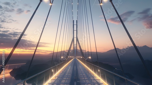 A modern suspension bridge illuminated at sunset, showcasing beautiful architecture and scenic mountains in the background.