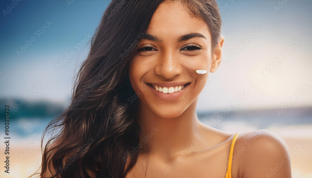 young woman smiling while standing on a tropical beach with sunscreen on face young woman smiling while standing on a tropical beach with sunscreen on face