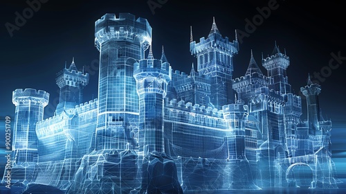 A stunning digital representation of a futuristic castle in a wireframe design, featuring intricate details and a mystical atmosphere.