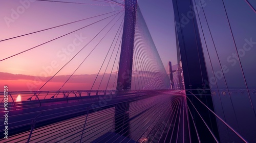 A stunning twilight view of a modern bridge with vibrant hues of purple and orange reflecting on the water.