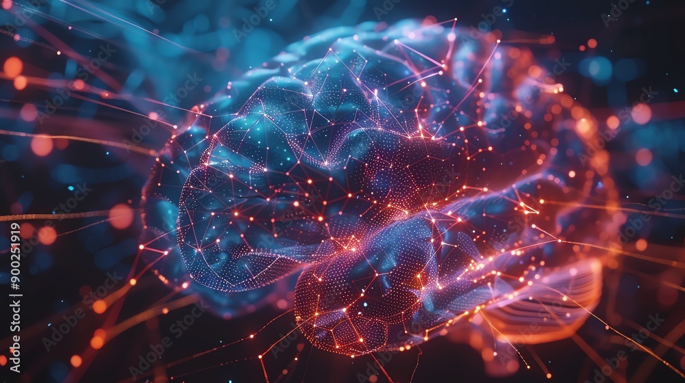 A vibrant digital representation of a human brain, showcasing neural connections with glowing blue and orange lights. A vibrant digital representation of a human brain, showcasing neural connections with glowing blue and orange lights.