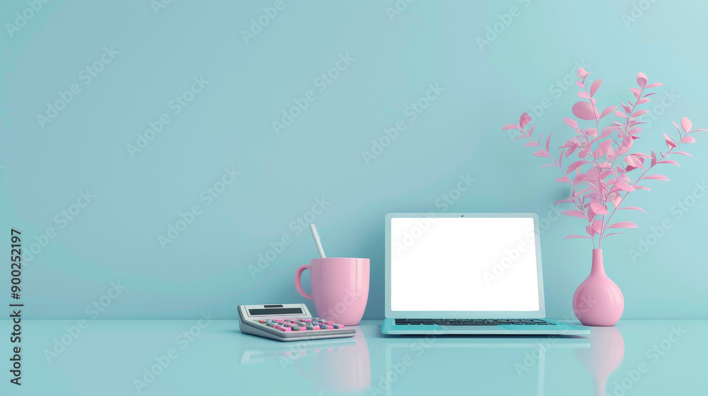 Futuristic Analysis Concept with Laptop and Calculator on Colorful Background Futuristic Analysis Concept with Laptop and Calculator on Colorful Background