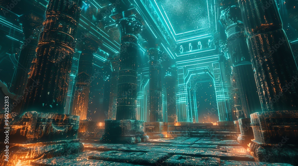 An enchanting underwater temple illuminated by glowing pillars, creating a mystical atmosphere with a blend of ancient architecture. An enchanting underwater temple illuminated by glowing pillars, creating a mystical atmosphere with a blend of ancient architecture.