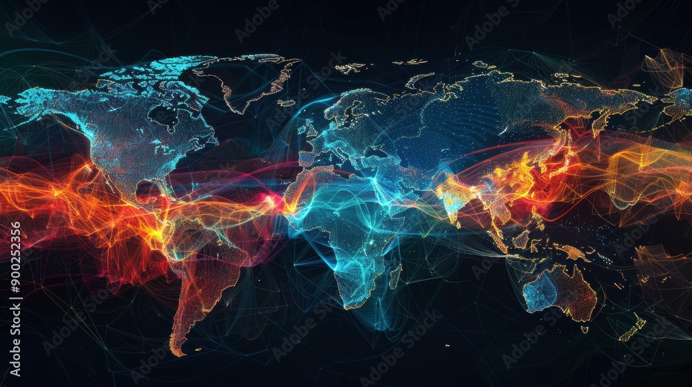 A World Map With Interconnected Lines and Dots Representing Global Networks A World Map With Interconnected Lines and Dots Representing Global Networks