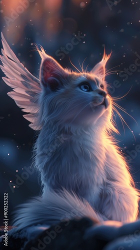 A majestic winged cat gazes into the distance, blending fantasy with charm, perfect for magical or whimsical themes.