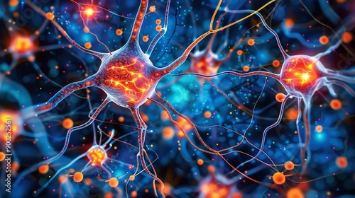 Close-up view of glowing neurons with vibrant connections, displaying the intricate beauty of the nervous system.