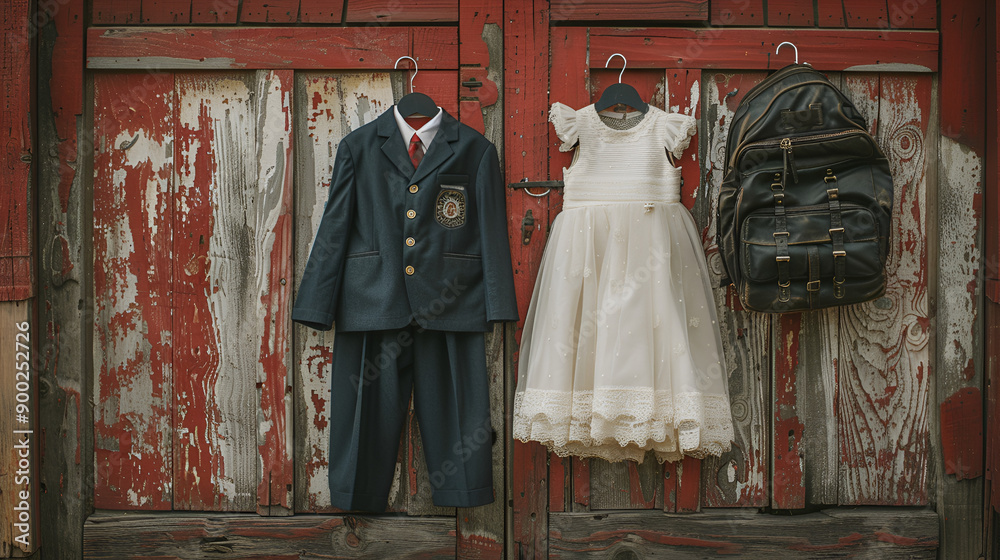 A bridal gown close to a child's school uniform A bridal gown close to a child's school uniform