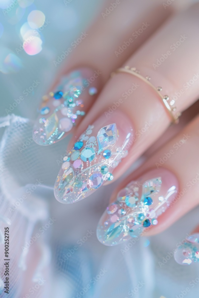 A close-up of a beautifully manicured hand showcasing dazzling nails adorned with sparkling crystals and pastel decor. A close-up of a beautifully manicured hand showcasing dazzling nails adorned with sparkling crystals and pastel decor.