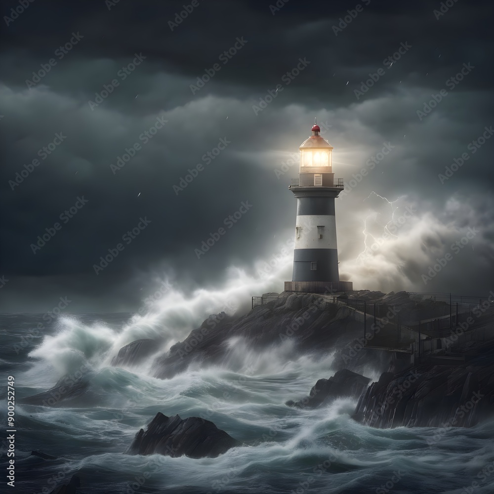 Close-up of a lighthouse on a rocky cliff under a stormy sky. Close-up of a lighthouse on a rocky cliff under a stormy sky.