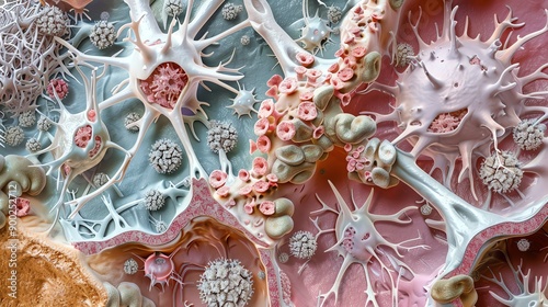Colorful microscopic view of neurons showcasing their intricate structure and connections in a cellular environment.
