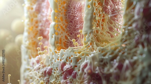 Detailed macro view of colorful cellular structures showcasing intricate patterns and textures found in biological systems. photo