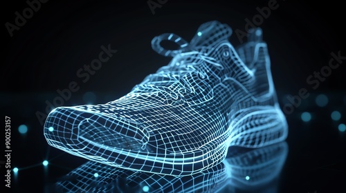 Futuristic digital representation of a shoe in a wireframe design, showcasing technology and innovation in footwear.