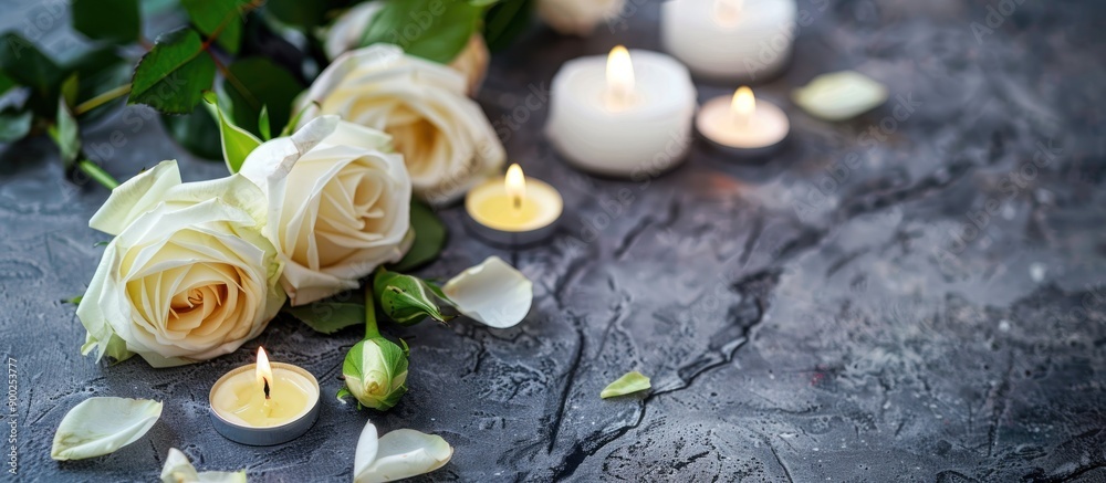 White roses and candles create a serene and romantic atmosphere on a textured gray surface White roses and candles create a serene and romantic atmosphere on a textured gray surface