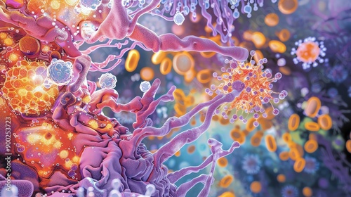 Vibrant abstract illustration of cells and molecules showcasing intricate structures in a colorful, scientific environment.