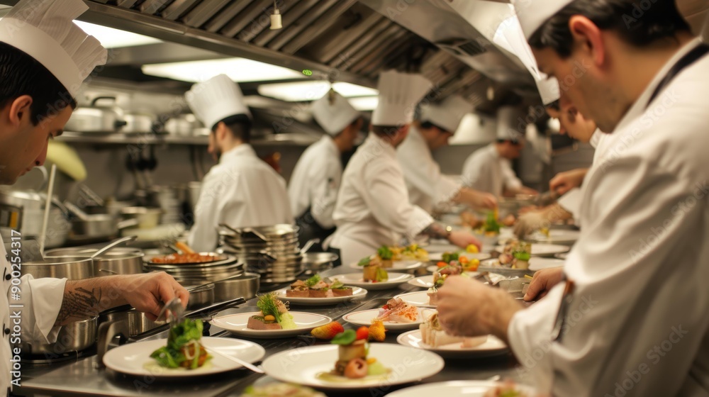 Chefs Preparing Plates of Food in a Restaurant Kitchen Chefs Preparing Plates of Food in a Restaurant Kitchen