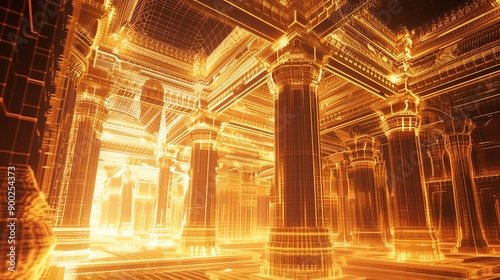A futuristic digital architecture featuring glowing pillars and intricate patterns, radiating warmth and innovation in a virtual space.