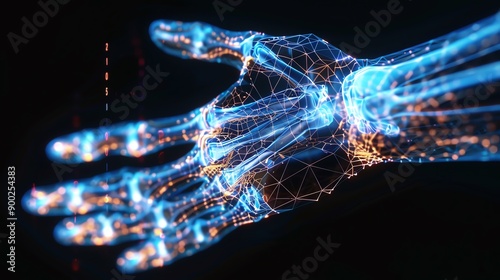 A futuristic digital hand model showcasing interconnected lines and glowing nodes, representing technology and innovation.