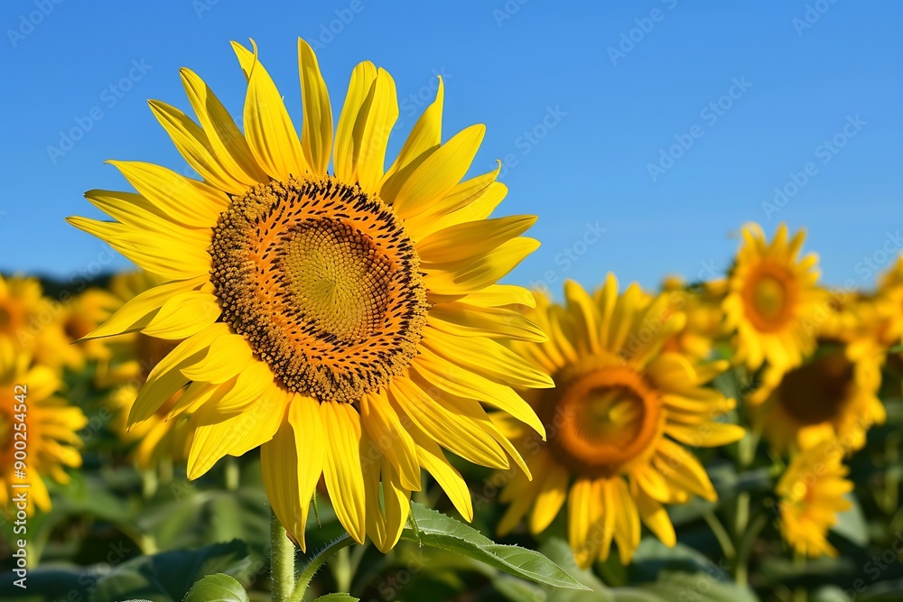 A bright yellow sunflower field under a clear blue sky, representing the cheerfulness and positivity of friendship.