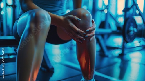 A woman experiencing knee pain while sitting on a bench in a gym