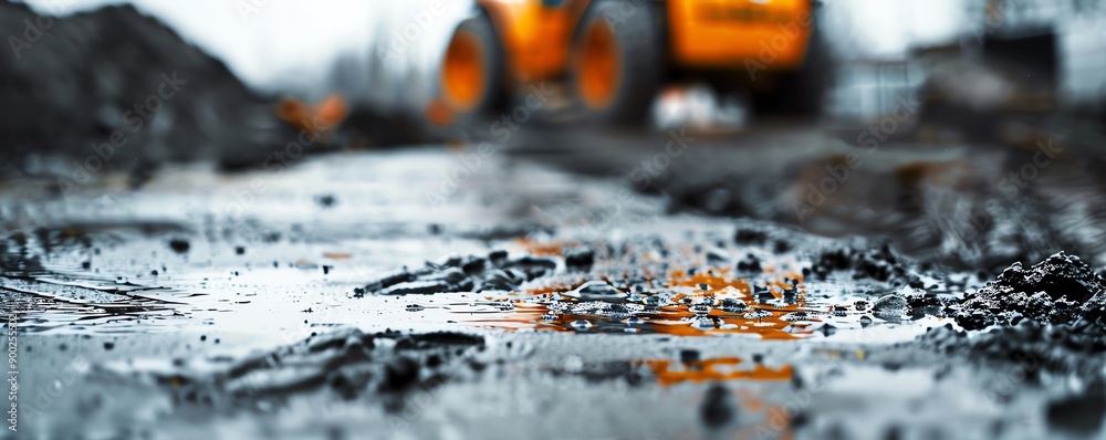 Wet cement with footprints, construction site, building process