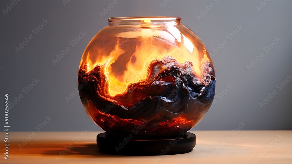 A lamp shaped like a burning Earth, casting a warm, ethereal glow, a striking reminder of environmental concerns. A lamp shaped like a burning Earth, casting a warm, ethereal glow, a striking reminder of environmental concerns.