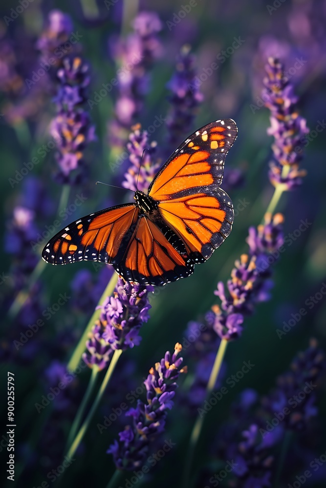 Naklejka premium A bright orange monarch butterfly perched on a purple lavender flower, symbolizing the delicate beauty of friendships.