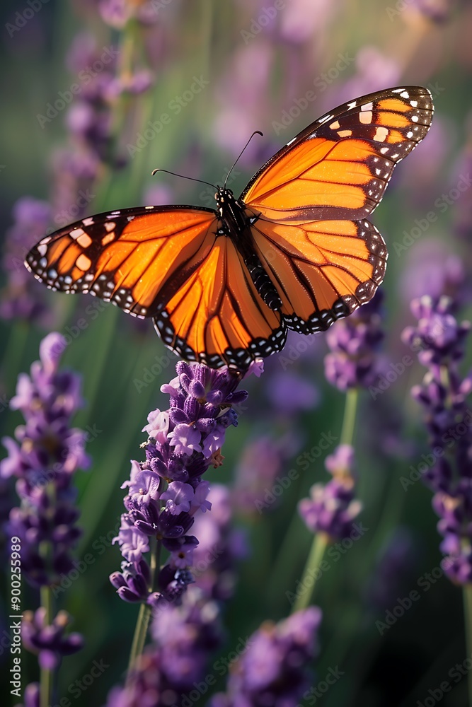 Obraz premium A bright orange monarch butterfly perched on a purple lavender flower, symbolizing the delicate beauty of friendships.