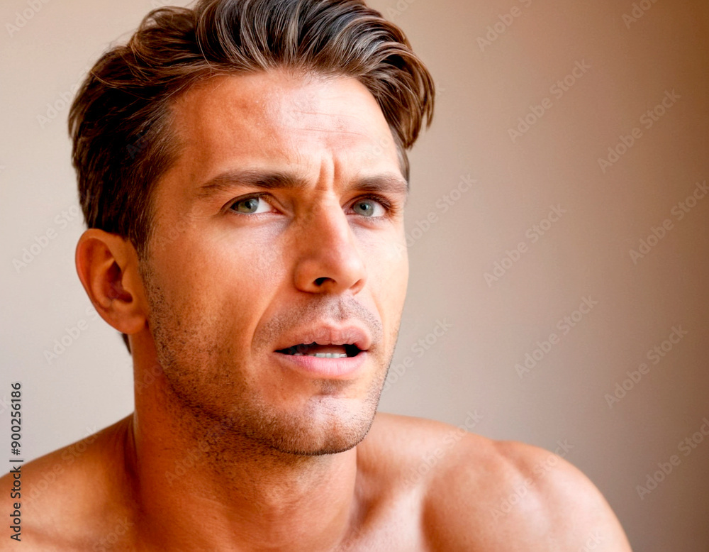 Obraz premium Man looking thoughtfully with intrigued expression at home in natural light