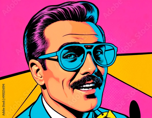 Colorful retro illustration of a man with sunglasses enjoying a summer day