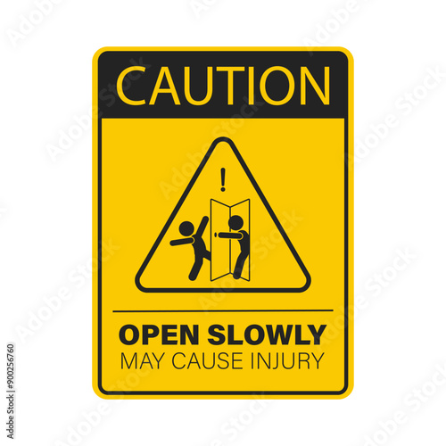 Isolated yellow caution safety sign to open door slowly, may cause injury sign