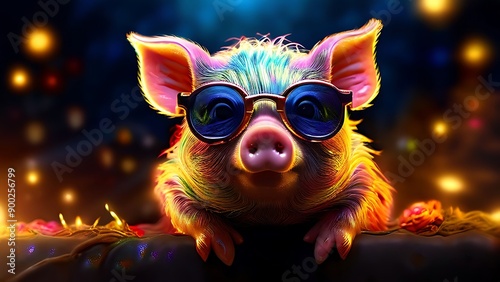 Starry dazzling piggie with huge glowing eyes, shrouded in stardust, luminous flowers, vivid colors, ultra-detailed artistic rendering, trending on ArtStation.