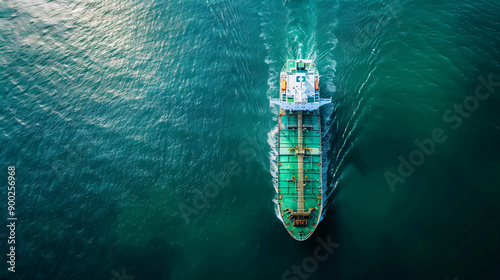 Aerial view of an oil tanker with gas tanks sailing on the sea, carrying natural fuel to open up new markets. © NE97