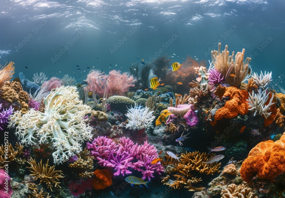 Naklejka premium A dramatic portrayal of coral bleaching caused by ocean acidification, with a variety of marine species visible in the scene