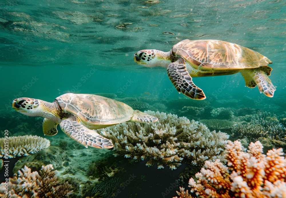 Fototapeta premium A pair of sea turtles swimming over a coral reef that is showing signs of distress due to acidified ocean conditions