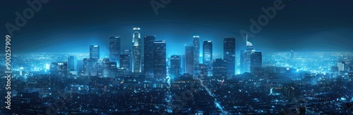 A view of a city skyline at night illuminated by blue lights © Penatic Studio