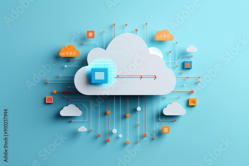 Cloud data management, vibrant clouds interconnected by lines, symbolizing data transfer and storage, depicting digital connectivity and technological integration
