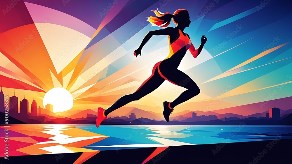 Geometric silhouette of an athlete running against a sunset, dynamic flat style, harmonious colors, abstract polygonal art. Geometric silhouette of an athlete running against a sunset, dynamic flat style, harmonious colors, abstract polygonal art.