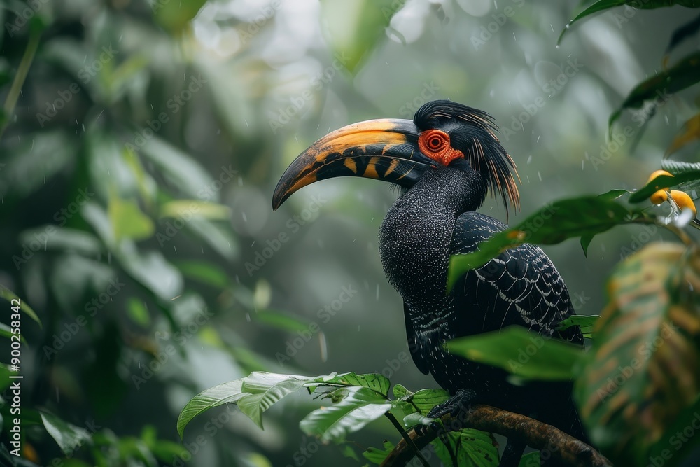 Fototapeta premium Hornbill perched in the lush greenery of the forest, showcasing the bird's striking appearance and the serene beauty of its environment.