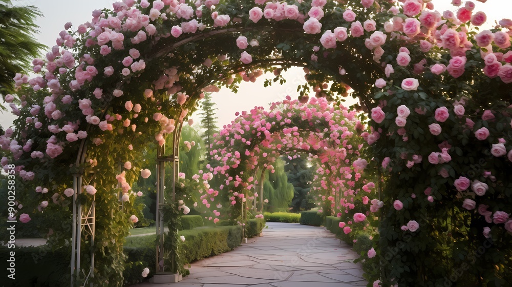 Fototapeta premium A beautiful garden archway covered in vibrant pink roses, leading to a serene, lush green pathway.