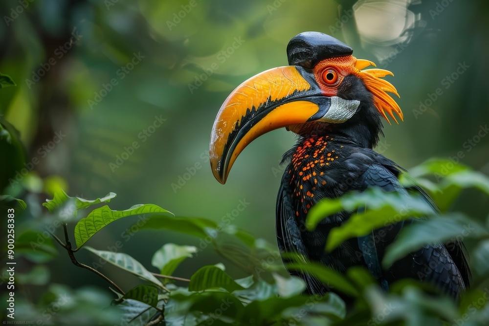 Hornbill perched in the lush greenery of the forest, showcasing the bird's striking appearance and the serene beauty of its environment. Hornbill perched in the lush greenery of the forest, showcasing the bird's striking appearance and the serene beauty of its environment.