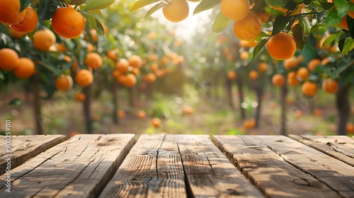 Wooden table set against lush orange grove with ripe oranges hanging from branches and sunlight filtering through leaves for natural freshness and vibrant harvest concept.