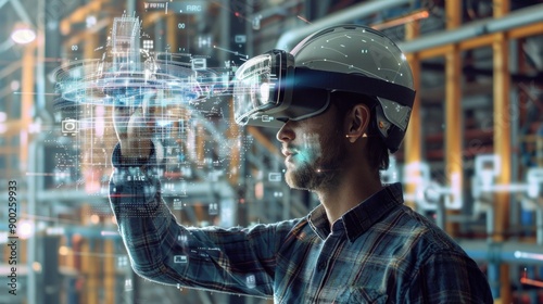 A worker wearing a virtual reality headset interacts with a digital model of a city