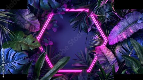A pink neon hexagon surrounded by vibrant tropical leaves on a dark blue background © Penatic Studio