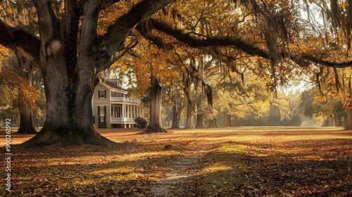 A house sits nestled in a grove of trees bathed in golden light with a path leading through fallen leaves