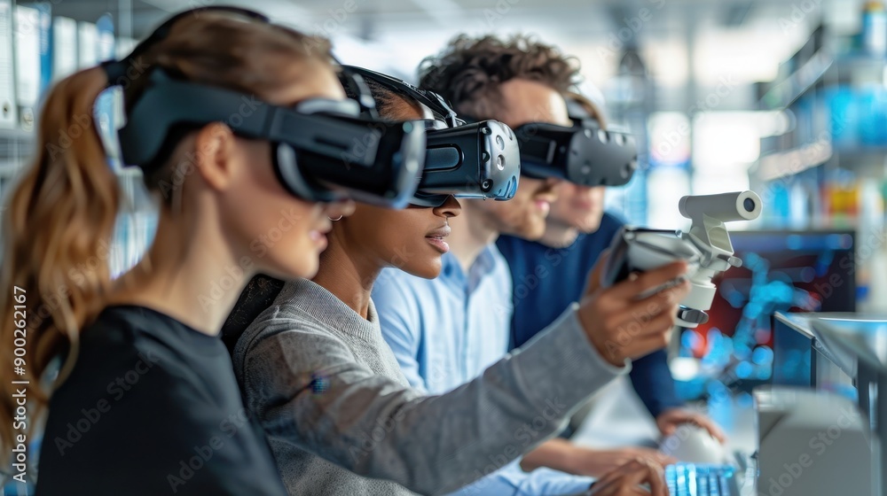 Exploring Future Designs: Team of Colleagues Immersed in Virtual Reality Product Testing Session with Double Exposure Effect on VR Lab Backdrop Exploring Future Designs: Team of Colleagues Immersed in Virtual Reality Product Testing Session with Double Exposure Effect on VR Lab Backdrop