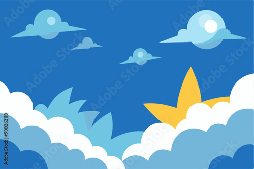 Cartoon blue sky with clouds and a shining yellow star